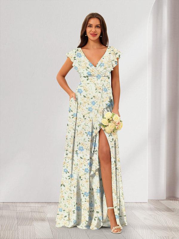 A-Line/Princess V-Neck Sleeveless Split Side Floral Bridesmaid Dresses