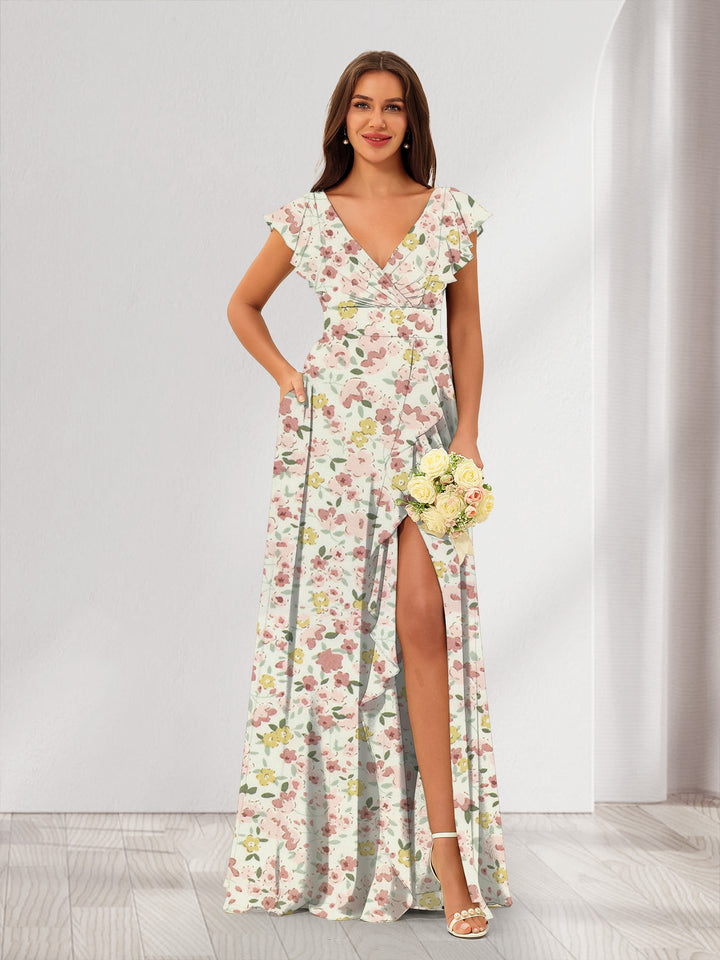 A-Line/Princess V-Neck Sleeveless Split Side Floral Bridesmaid Dresses