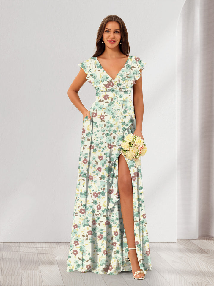 A-Line/Princess V-Neck Sleeveless Split Side Floral Bridesmaid Dresses