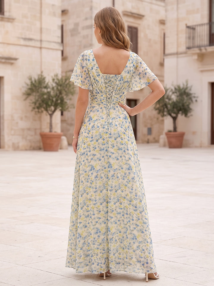 A-Line/Princess V-Neck Short Sleeves Ruffles Floral Bridesmaid Dresses