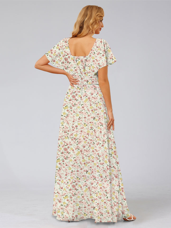 A-Line/Princess V-Neck Short Sleeves Ruffles Floral Bridesmaid Dresses