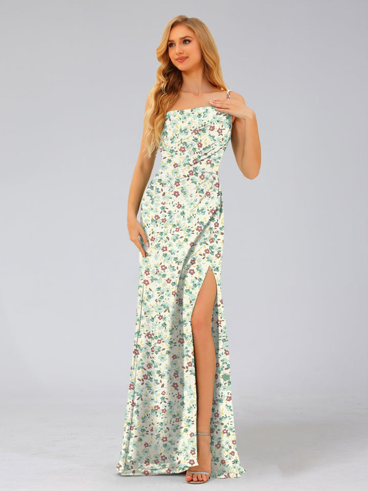 Sheath/Column One-Shoulder Sleeveless Split Side Floral Bridesmaid Dresses