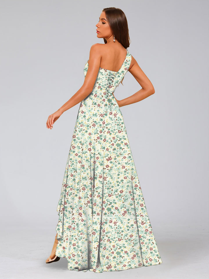 A-Line/Princess One-Shoulder Sleeveless Ruched Floral Bridesmaid Dresses