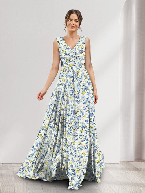A-Line/Princess V-Neck Sleeveless Ruched Floral Bridesmaid Dresses