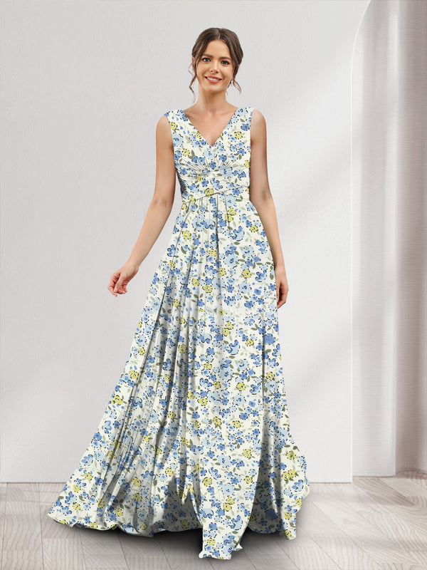 A-Line/Princess V-Neck Sleeveless Ruched Floral Bridesmaid Dresses