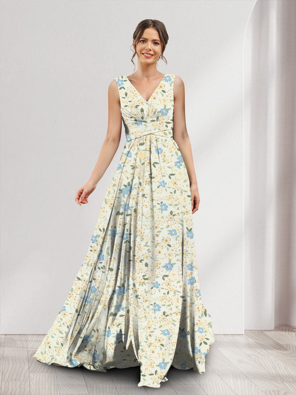 A-Line/Princess V-Neck Sleeveless Ruched Floral Bridesmaid Dresses