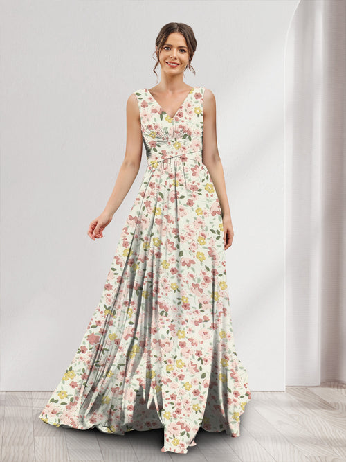 A-Line/Princess V-Neck Sleeveless Ruched Floral Bridesmaid Dresses