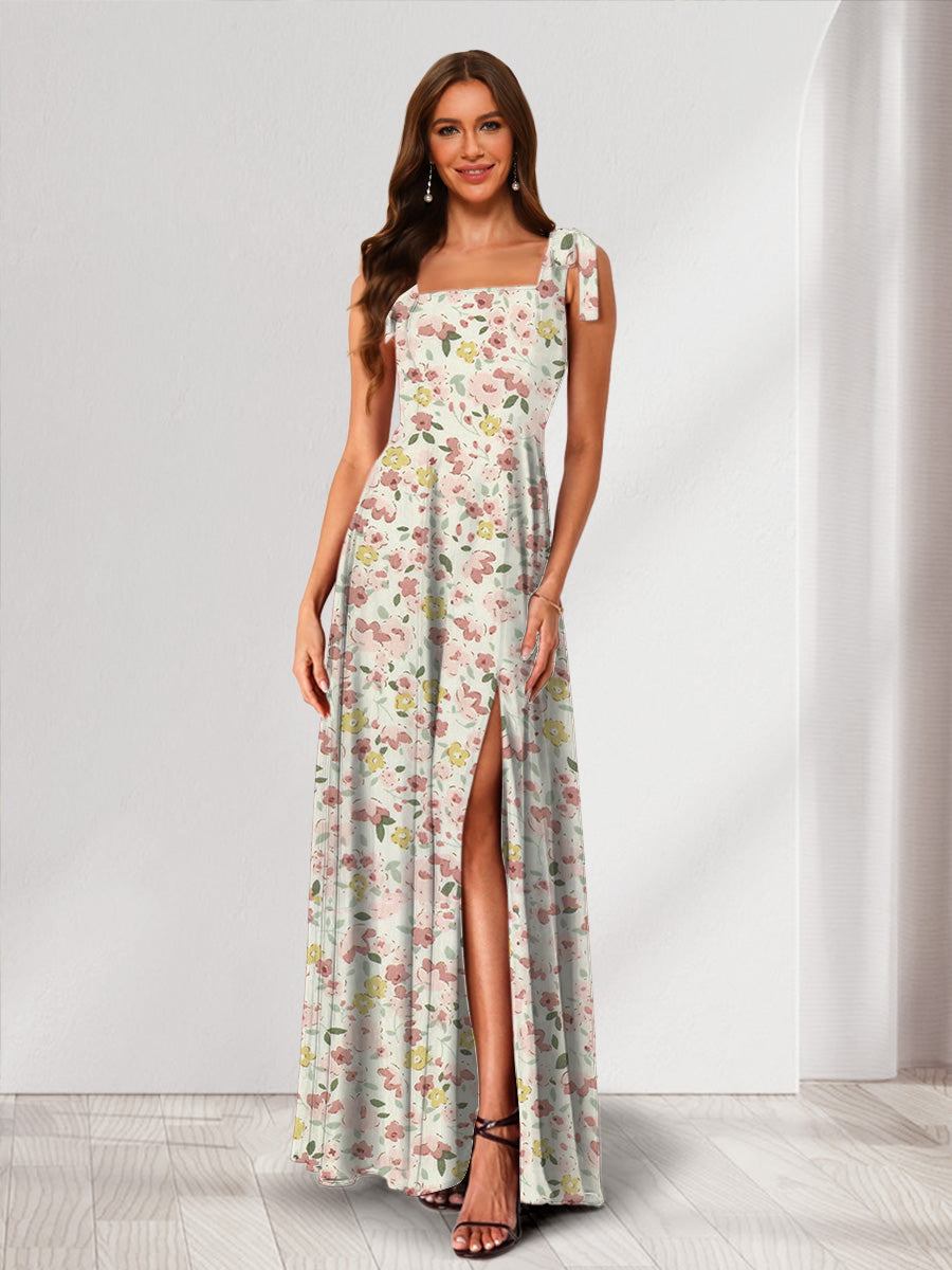 A-Line/Princess Square Neck Sleeveless Split Side Floral Bridesmaid Dresses