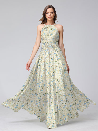 A-Line/Princess Halter Sleeveless Ruched Floral Bridesmaid Dresses