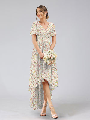 A-Line/Princess V-Neck Short Sleeves Ruched Floral Bridesmaid Dresses