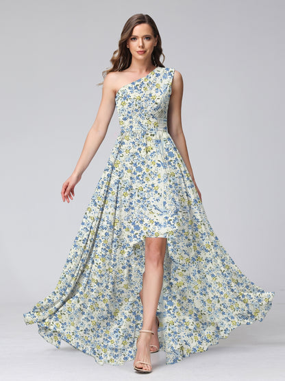 A-Line/Princess One-Shoulder Sleeveless Ruched Floral Bridesmaid Dresses