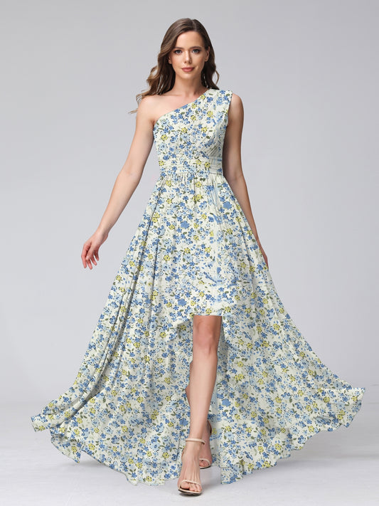 A-Line/Princess One-Shoulder Sleeveless Ruched Floral Bridesmaid Dresses