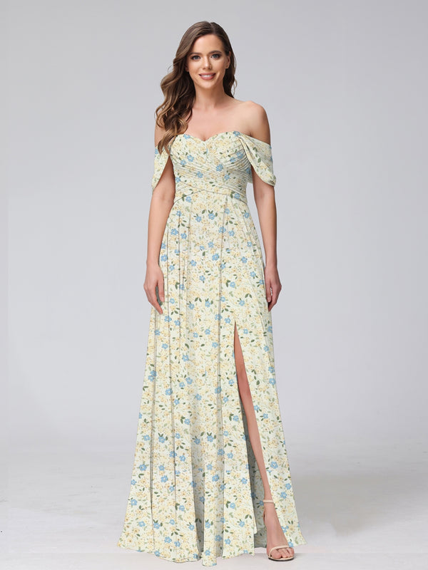 A-Line/Princess Off-the-Shoulder Short Sleeves Split Side Floral Bridesmaid Dresses