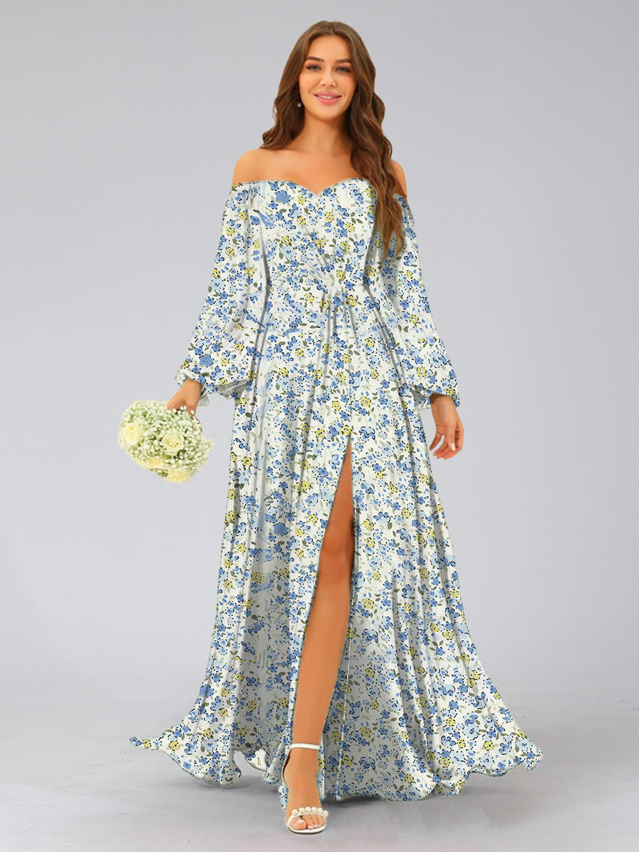 Lavetir Blue Floral Bridesmaid Dresses 2026 Sweetheart A-Line Long Sleeves Floor-Length Evening Party Gowns with Split Side
