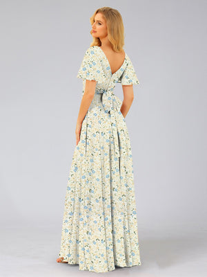 A-Line/Princess V-Neck Short Sleeves Ruched Floral Bridesmaid Dresses