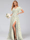 A-Line/Princess V-Neck Short Sleeves Watteau Train Floral Bridesmaid Dresses