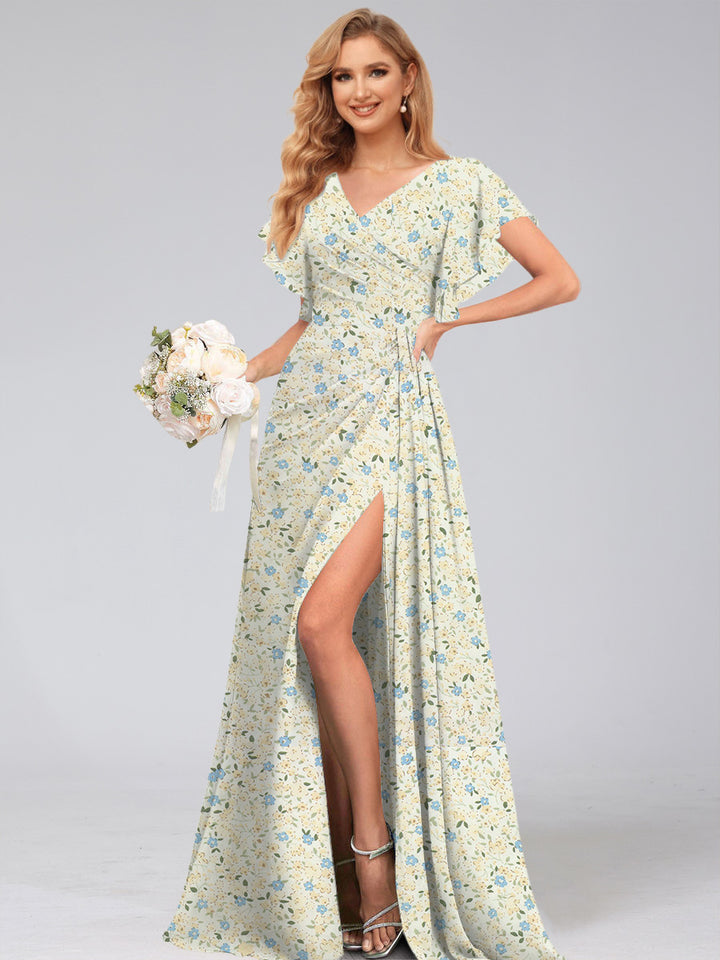 A-Line/Princess V-Neck Short Sleeves Watteau Train Floral Bridesmaid Dresses