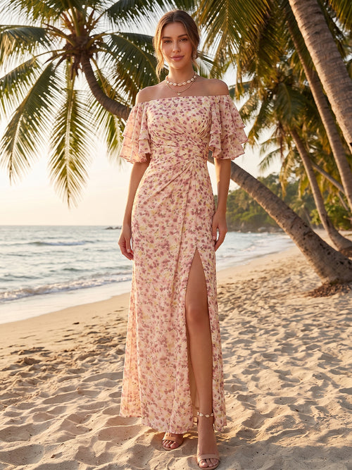 beach floral bridesmaid dresses Zapakasa Women White Blue Floral Boho Long Bridesmaid Dress with Ruffles Off the Shoulder Prom Dress
