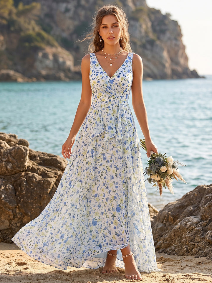 A-Line/Princess V-Neck Sleeveless Ruffles Floral Bridesmaid Dresses