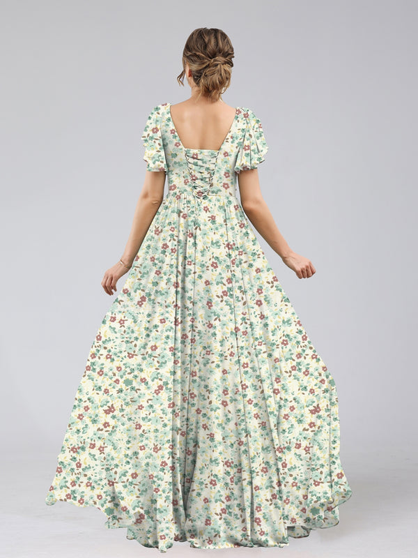 A-Line/Princess V-Neck Short Sleeves Split Side Floral Bridesmaid Dresses