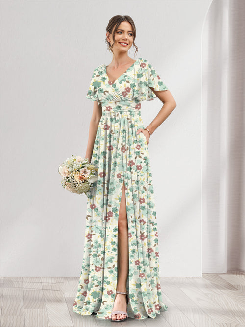 A-Line/Princess V-Neck Short Sleeves Split Side Floral Bridesmaid Dresses