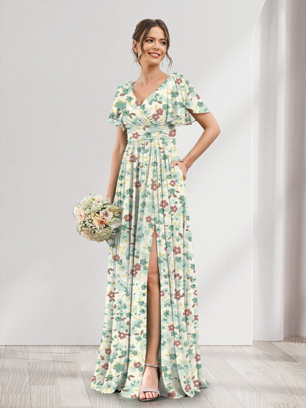 A-Line/Princess V-Neck Short Sleeves Split Side Floral Bridesmaid Dresses