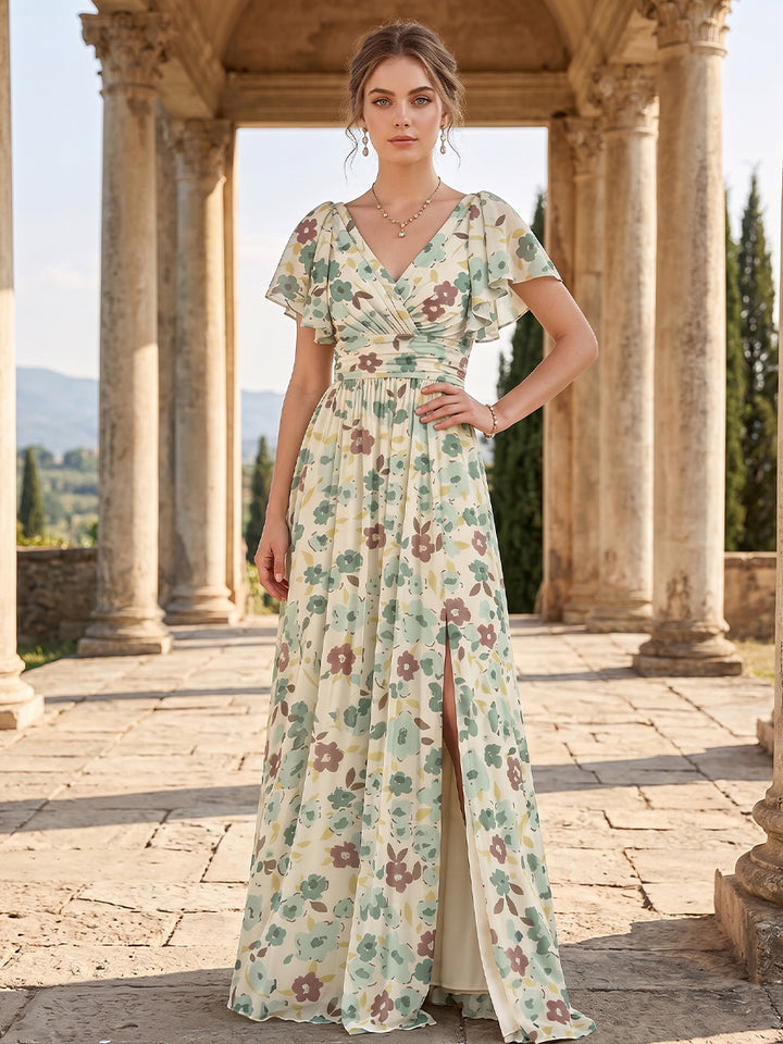 A-Line/Princess V-Neck Short Sleeves Split Side Floral Bridesmaid Dresses
