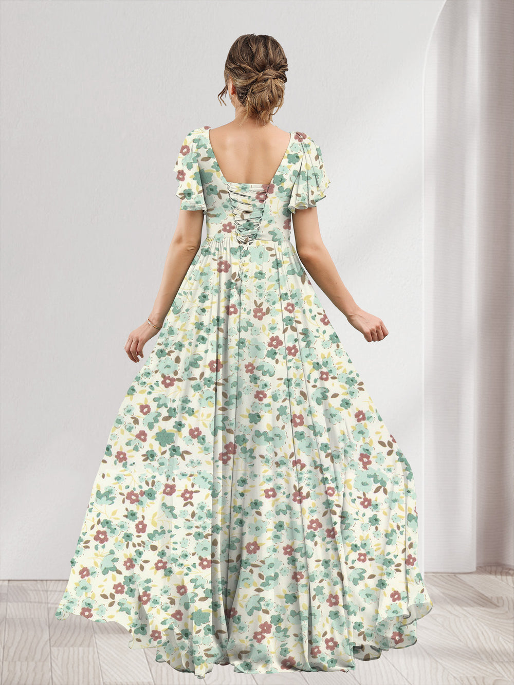 A-Line/Princess V-Neck Short Sleeves Split Side Floral Bridesmaid Dresses