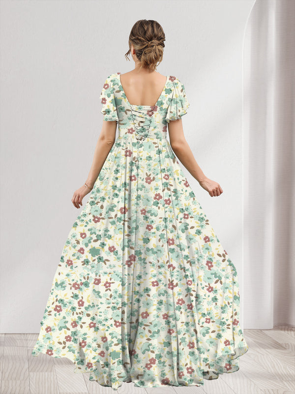 A-Line/Princess V-Neck Short Sleeves Split Side Floral Bridesmaid Dresses