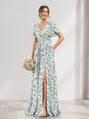 A-Line/Princess V-Neck Short Sleeves Split Side Floral Bridesmaid Dresses