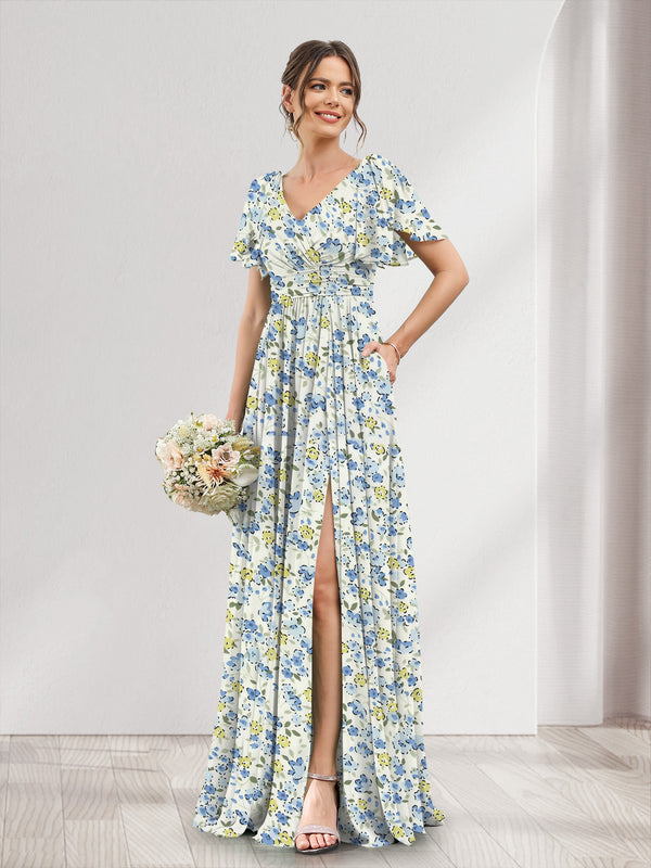 A-Line/Princess V-Neck Short Sleeves Split Side Floral Bridesmaid Dresses