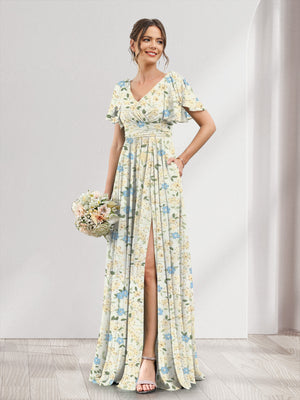 A-Line/Princess V-Neck Short Sleeves Split Side Floral Bridesmaid Dresses