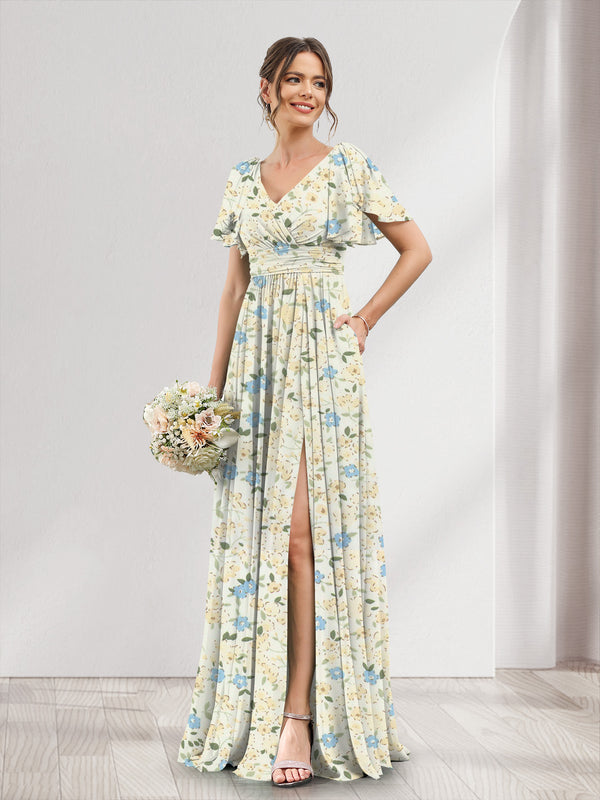 A-Line/Princess V-Neck Short Sleeves Split Side Floral Bridesmaid Dresses