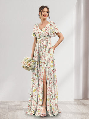 A-Line/Princess V-Neck Short Sleeves Split Side Floral Bridesmaid Dresses