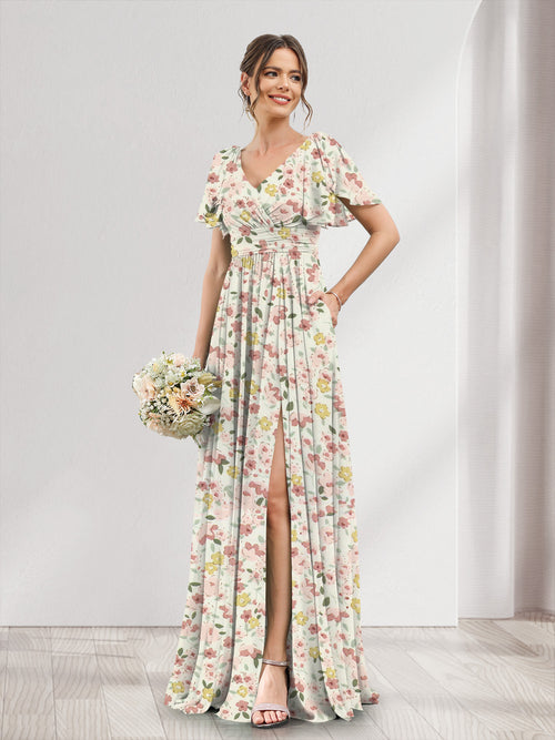 A-Line/Princess V-Neck Short Sleeves Split Side Floral Bridesmaid Dresses