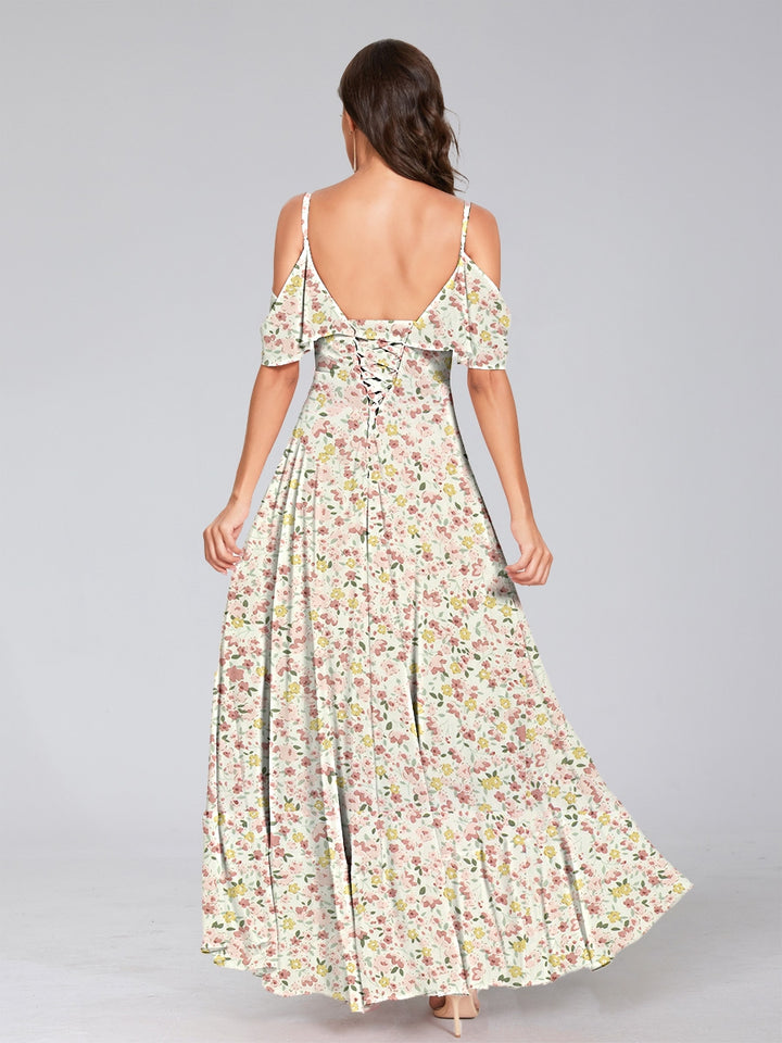 A-Line/Princess Cold Shoulder Short Sleeves Ruffles Floral Bridesmaid Dresses