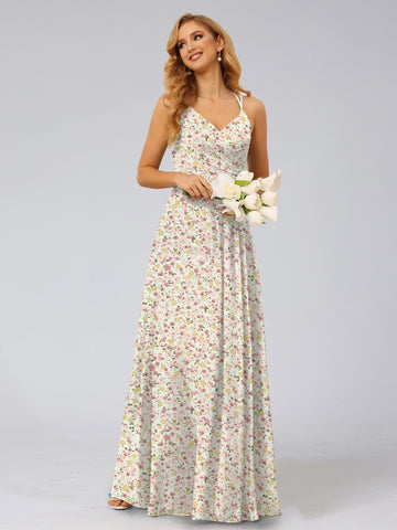 A-Line/Princess Halter Sleeveless Ruched Floral Bridesmaid Dresses