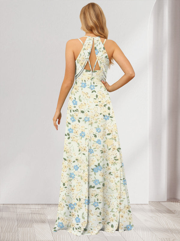 A-Line/Princess Halter Sleeveless Ruched Floral Bridesmaid Dresses