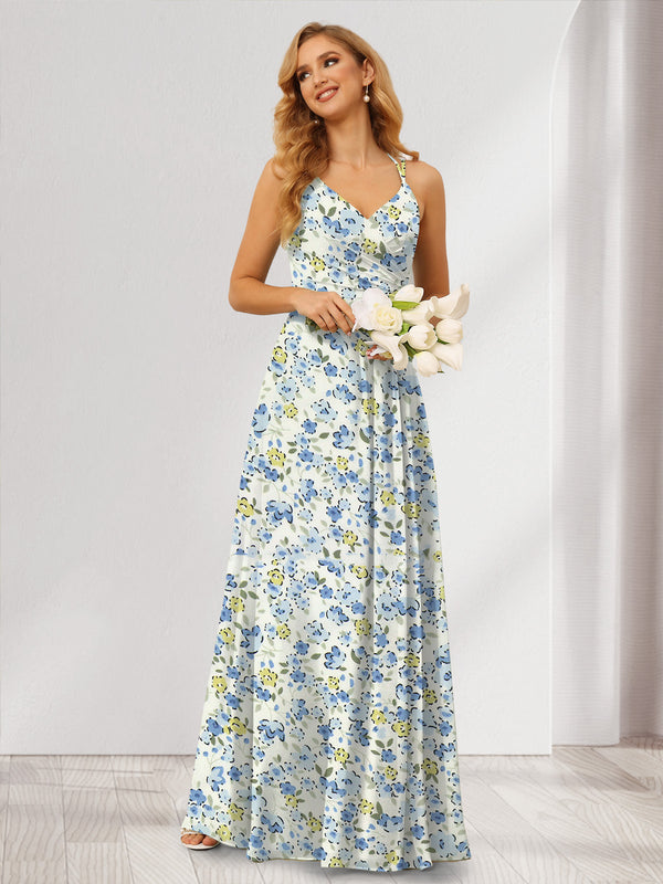 A-Line/Princess Halter Sleeveless Ruched Floral Bridesmaid Dresses