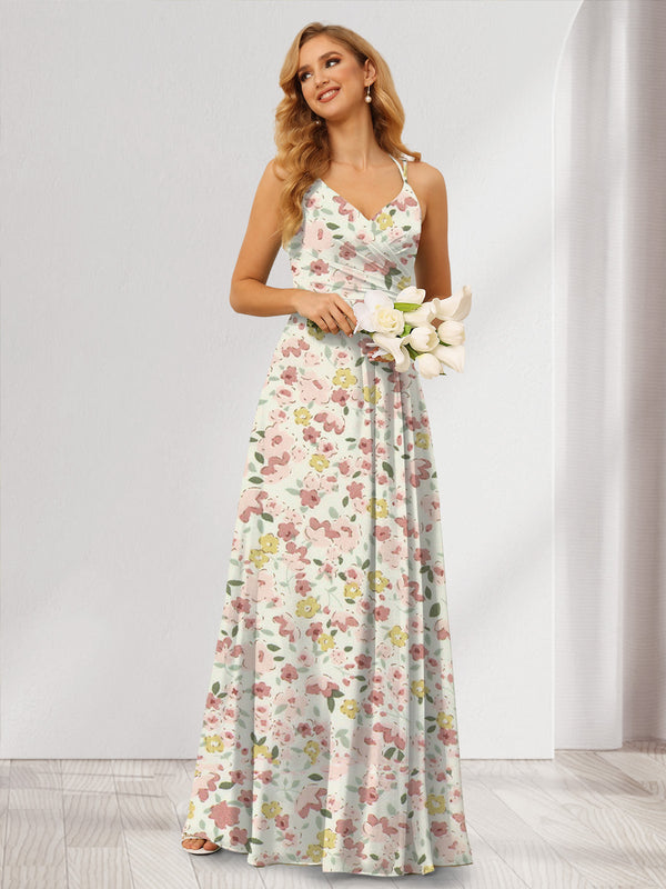 A-Line/Princess Halter Sleeveless Ruched Floral Bridesmaid Dresses
