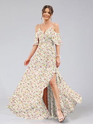 A-Line/Princess Cold Shoulder Short Sleeves Ruffles Floral Bridesmaid Dresses