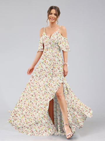 A-Line/Princess Cold Shoulder Short Sleeves Ruffles Floral Bridesmaid Dresses