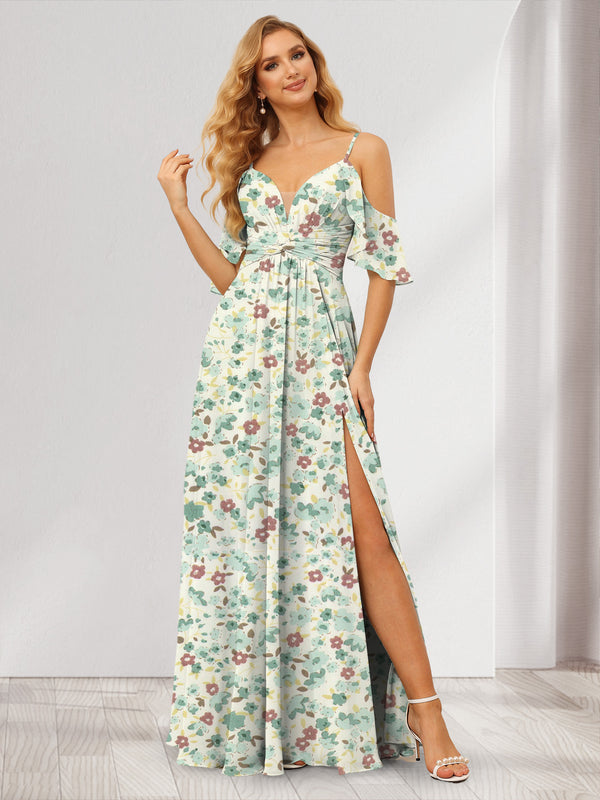 A-Line/Princess Cold Shoulder Short Sleeves Split Side Floral Bridesmaid Dresses