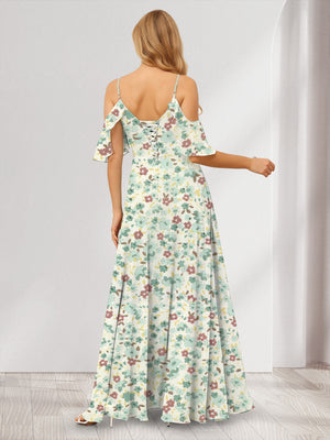 A-Line/Princess Cold Shoulder Short Sleeves Split Side Floral Bridesmaid Dresses