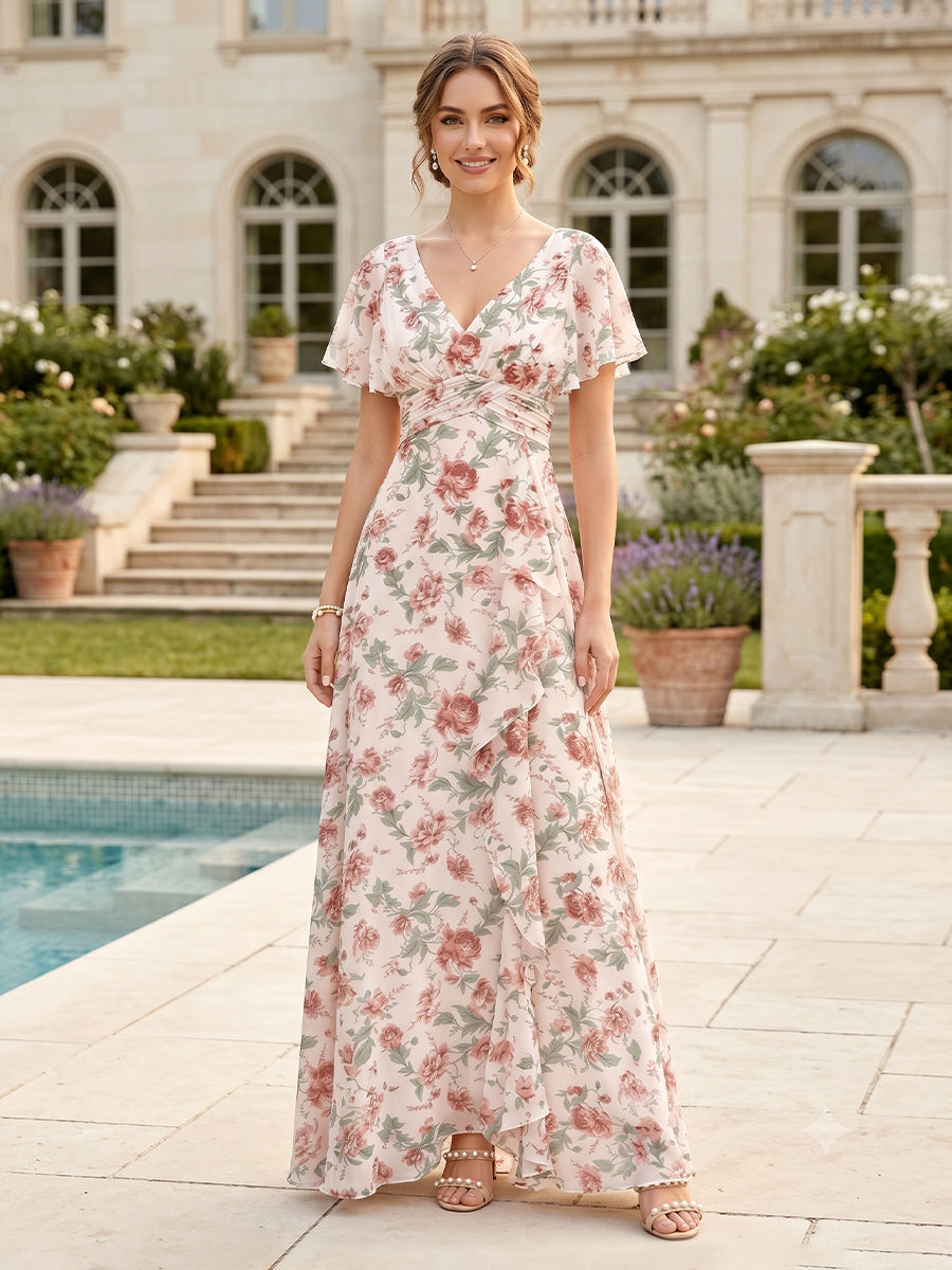 A-Line/Princess V-Neck Long Floral Bridesmaid Dresses with Ruffles