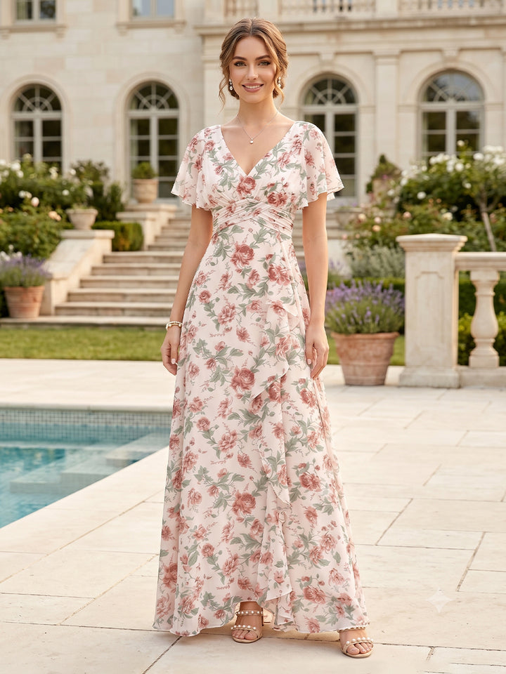 A-Line/Princess V-Neck Long Floral Bridesmaid Dresses with Ruffles