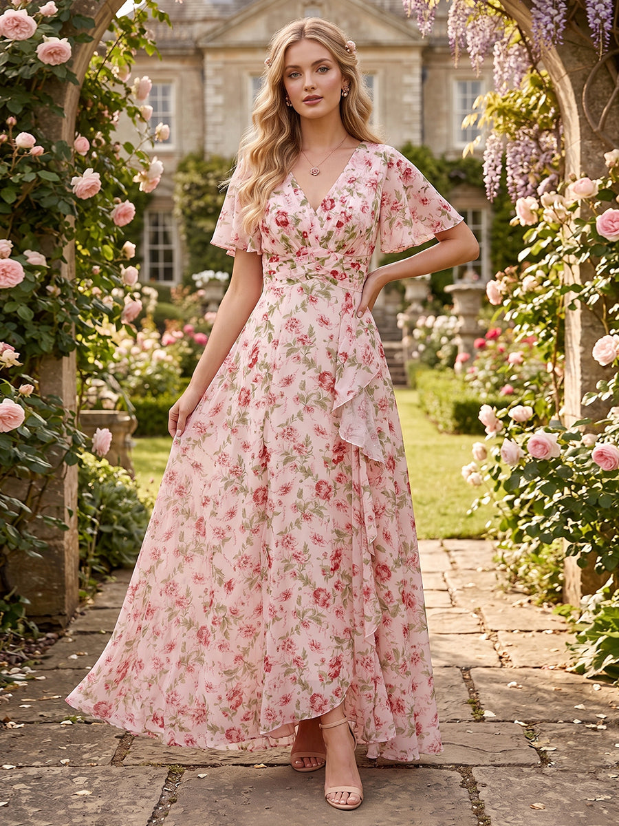 A-Line/Princess V-Neck Long Floral Bridesmaid Dresses with Ruffles