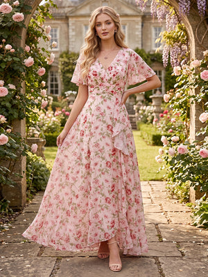 A-Line/Princess V-Neck Long Floral Bridesmaid Dresses with Ruffles
