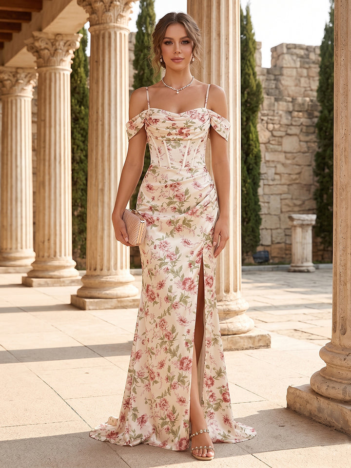 Sheath/Column Off-the-Shoulder Spaghetti Straps Floor-Length Floral Bridesmaid Dresses with Split Side