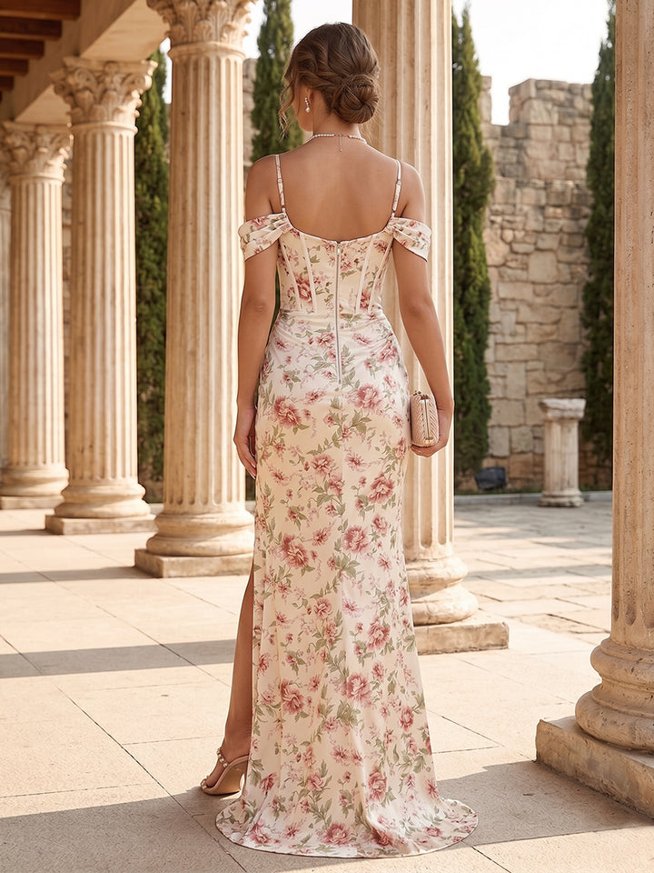 Sheath/Column Off-the-Shoulder Spaghetti Straps Floor-Length Floral Bridesmaid Dresses with Split Side